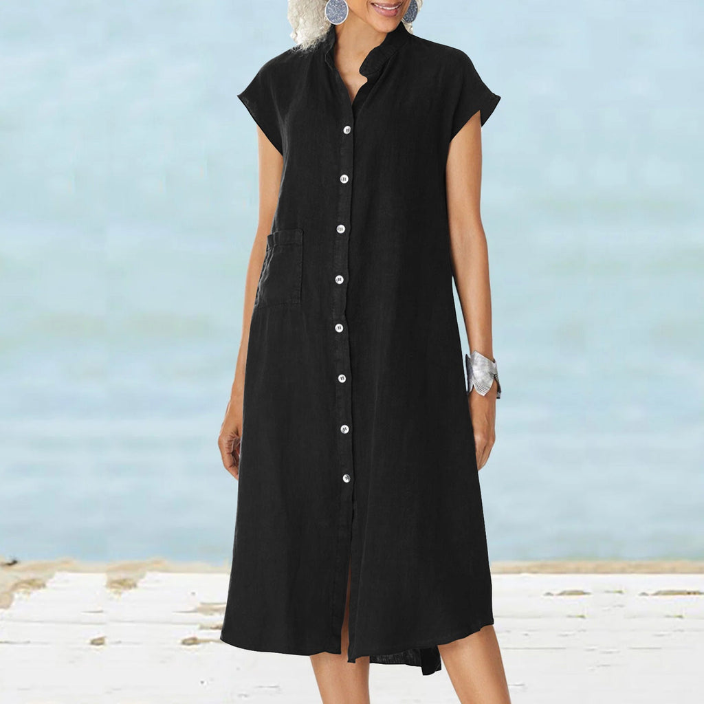 Damen lässiges Midi-Hemdkleid aus Leinen mit Knopfleiste und seitlichen Taschen
