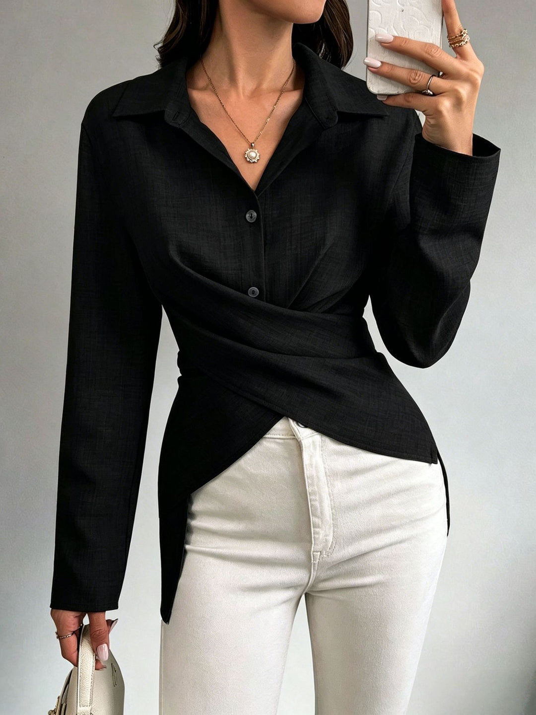 Damen Wickelbluse mit Hemdkragen und asymmetrischem Saum Shop Nory