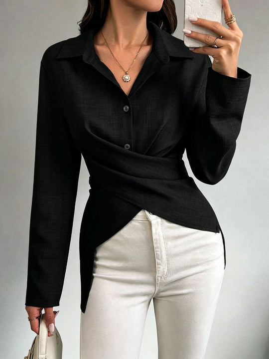 Damen Wickelbluse mit Hemdkragen und asymmetrischem Saum Shop Nory
