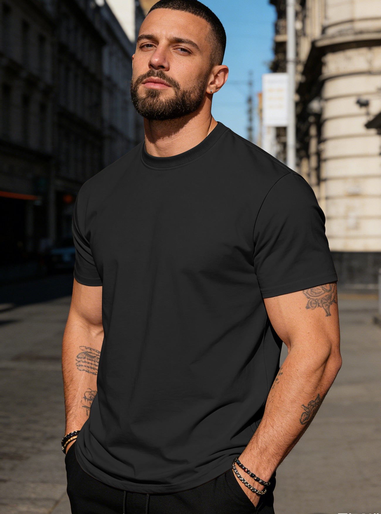 Herren nan körperbetontes hochwertiges Baumwollshirt mit Rundhalsausschnitt