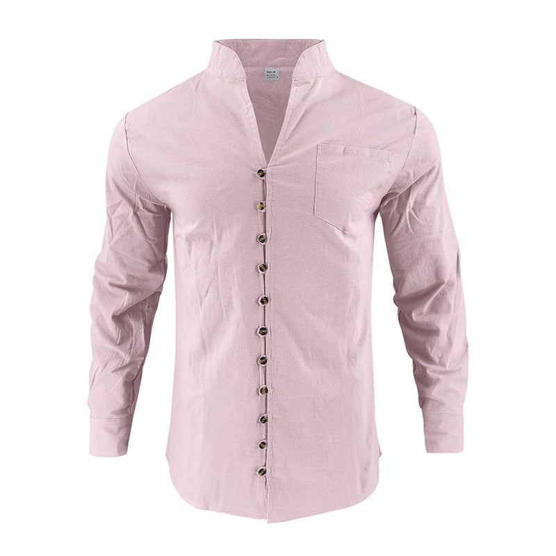 Herren Hemd mit Stehkragen und asymmetrischer Knopfleiste aus Leinenmix Shop Nory