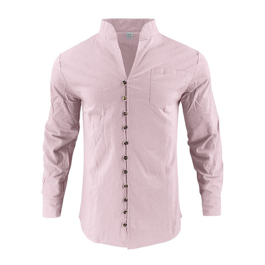 Herren Hemd mit Stehkragen und asymmetrischer Knopfleiste aus Leinenmix Shop Nory