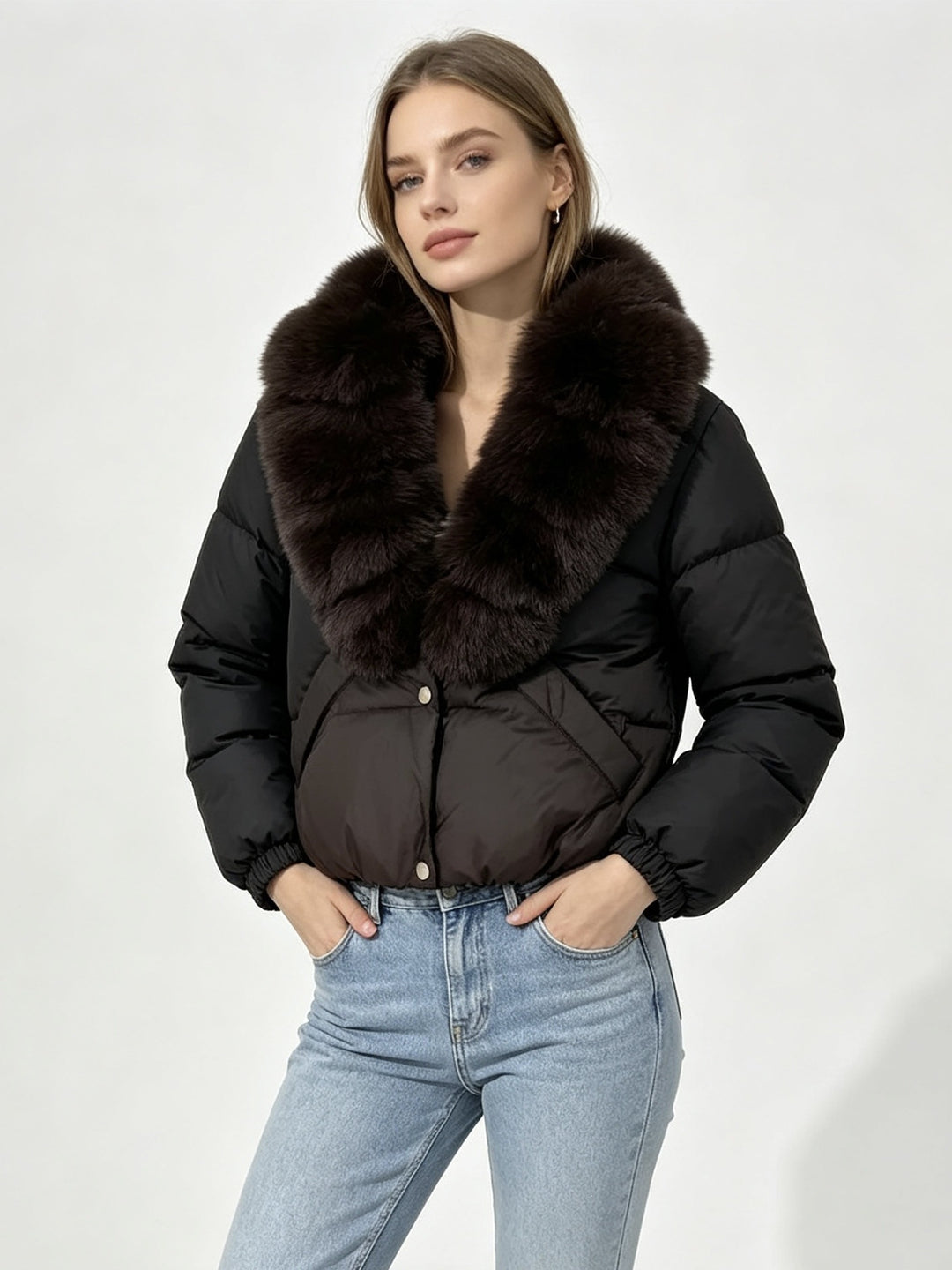Damen nan kurze wattierte Cropped-Jacke mit extra voluminösem Kunstpelz-Schalkragen und elastischen Bündchen Shop Nory