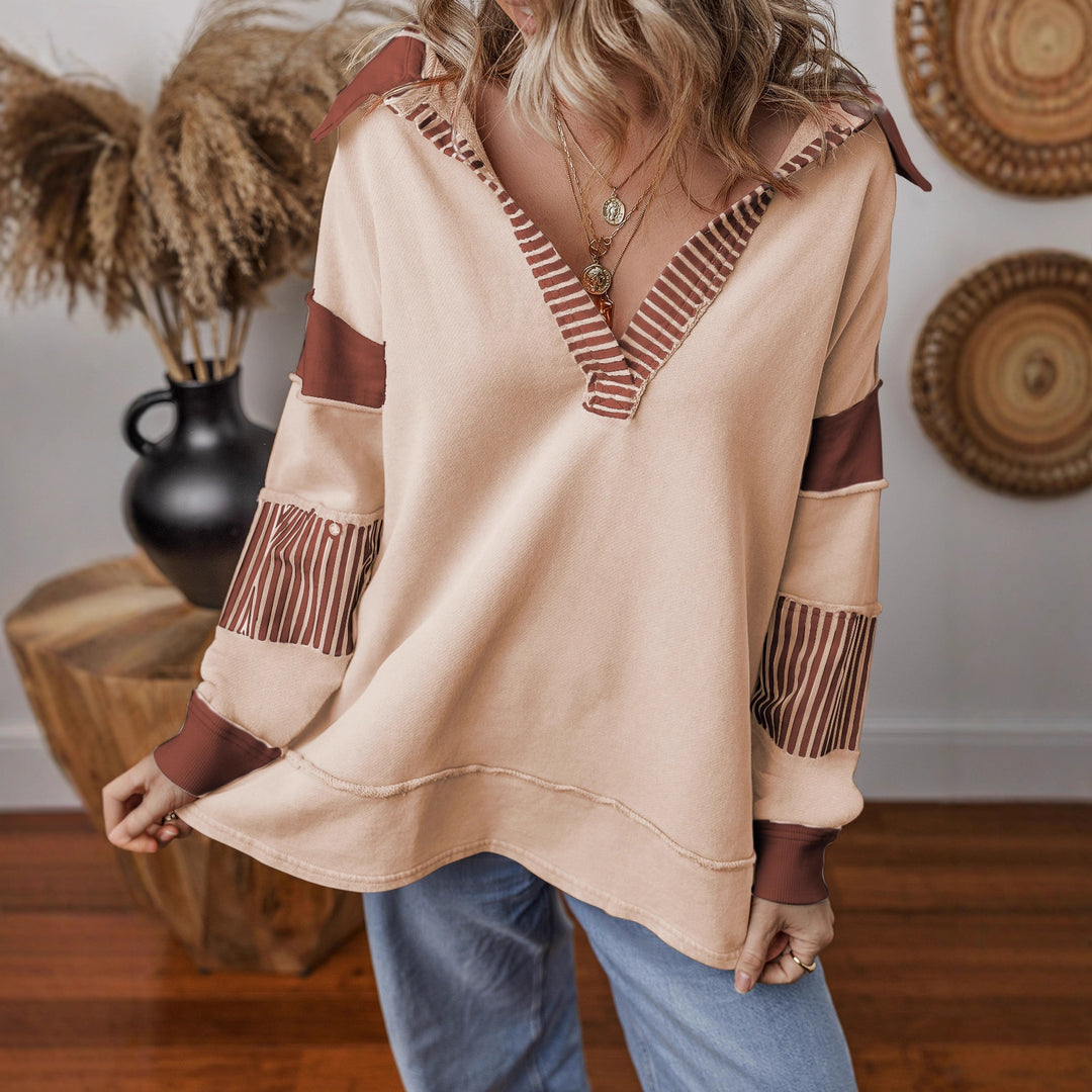 Damen Oversize Sweatshirt mit V-Ausschnitt, gestreiften Ärmelaufsätzen und Kontrastdetails Shop Nory