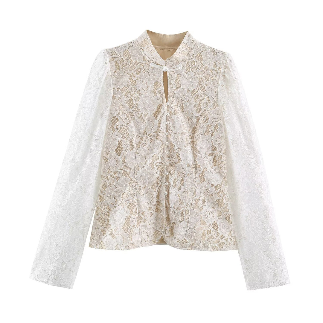 Damen Spitzenbluse mit Mandarinkragen und Perlenknopfleiste Shop Nory