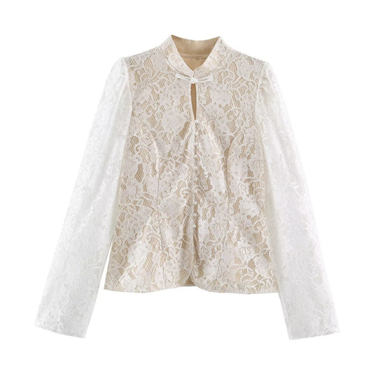 Damen Spitzenbluse mit Mandarinkragen und Perlenknopfleiste Shop Nory
