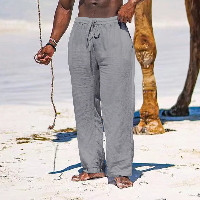 Herren lässige Strandhose aus leichtem Leinenstoff mit elastischem Bund und Kordelzug