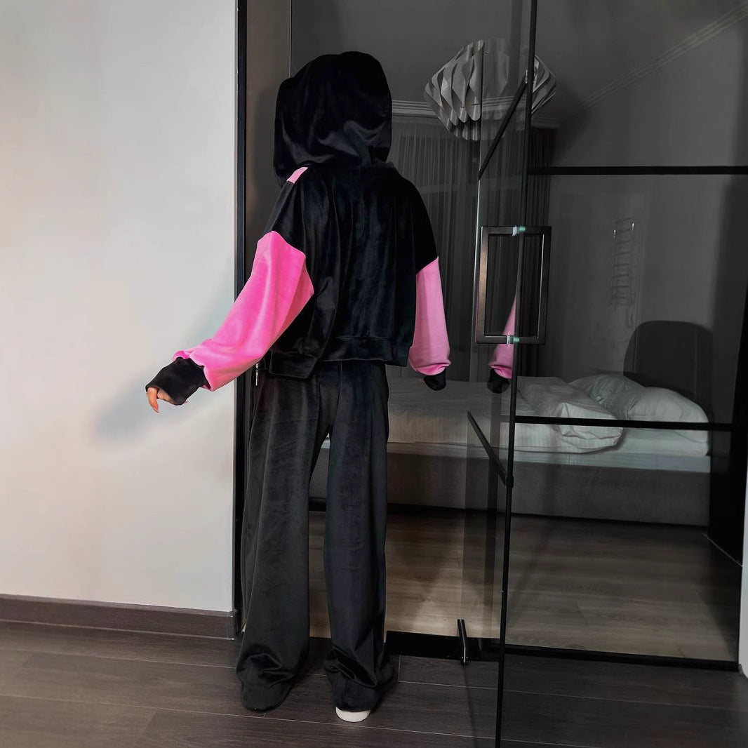 Damen kurze Velours-Zipperjacke mit V-förmigem Einsatz, überschnittenen Ärmeln und elastischem Saum Shop Nory