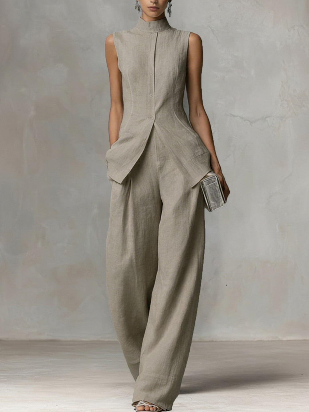 Damen Ärmelloser Leinen-Jumpsuit mit Stehkragen und weitem Bein Shop Nory
