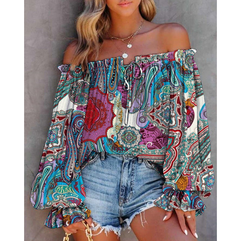Damen Off-Shoulder Bluse mit Buntem Muster und Elastischem Saum Shopnory