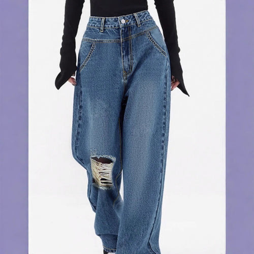 Damen hochtaillierte Oversized-Baggy-Jeans mit Knie-Rip und weitem Bein Shop Nory
