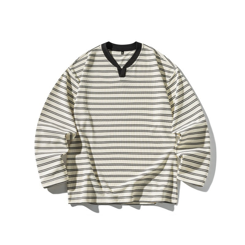 Unisex Gestreiftes Strukturiertes Longsleeve mit Notch-V-Ausschnitt und Rippenstruktur Shop Nory
