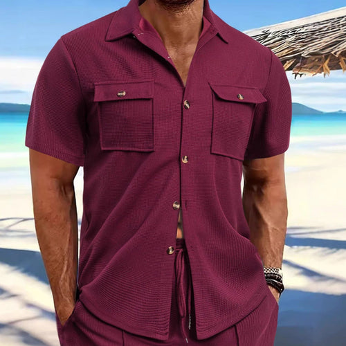 Herren nan strukturiertes Waffel-Lounge-Set mit Hemdjacke, Brustklappen und Kordelhose Shopnory