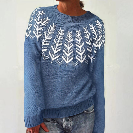 Damen nan melierter Rundhalsausschnittpullover mit kreisförmigem Jacquard-Yoke und geripptem Saum Shop Nory
