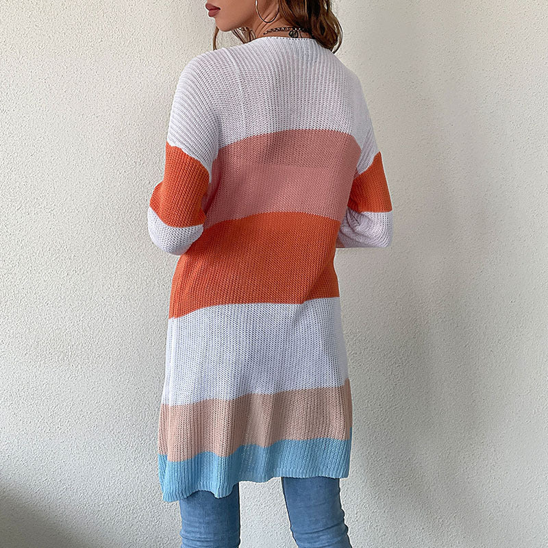 Damen Longline Feinstrick-Cardigan mit bunten Blockstreifen und seitlichen Eingrifftaschen Shop Nory