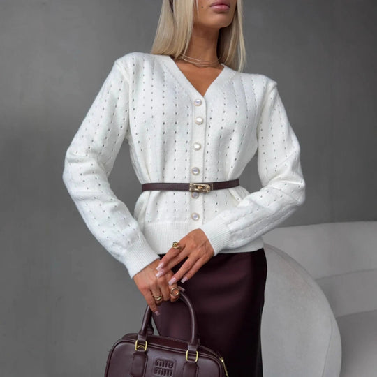 Damen Modische Strickjacke mit V-Ausschnitt und Knopfdetail Shop Nory