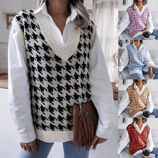 Damen Oversize Strickweste mit Hahnentritt-Muster und V-Ausschnitt Shop Nory
