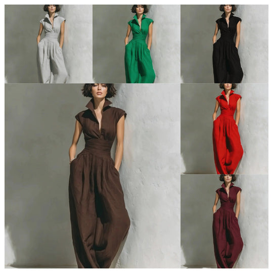 Damen Jumpsuit mit weitem Bein, tailliertem Wickelbund und Stehkragen Shop Nory