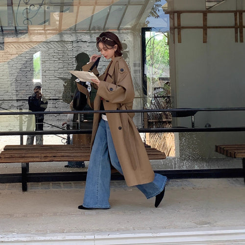 Damen Langer Trenchcoat im Oversize‑Look mit Bindegürtel und Schulterpatten Shop Nory