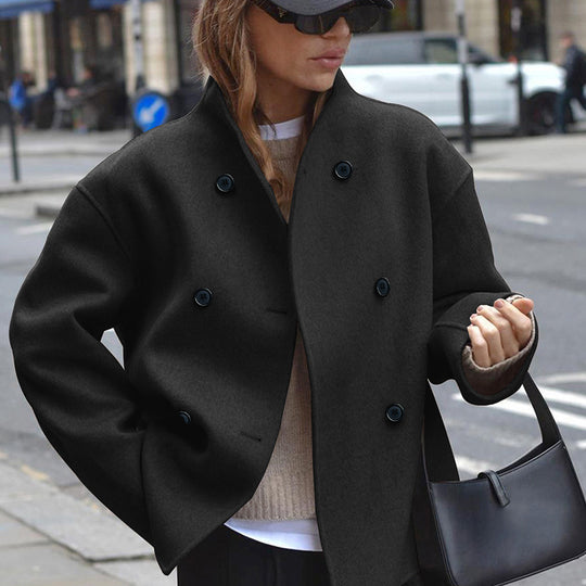 Damen Kurz geschnittener Oversize-Wollmantel mit doppelreihiger Knopfleiste und Stehkragen Shop Nory