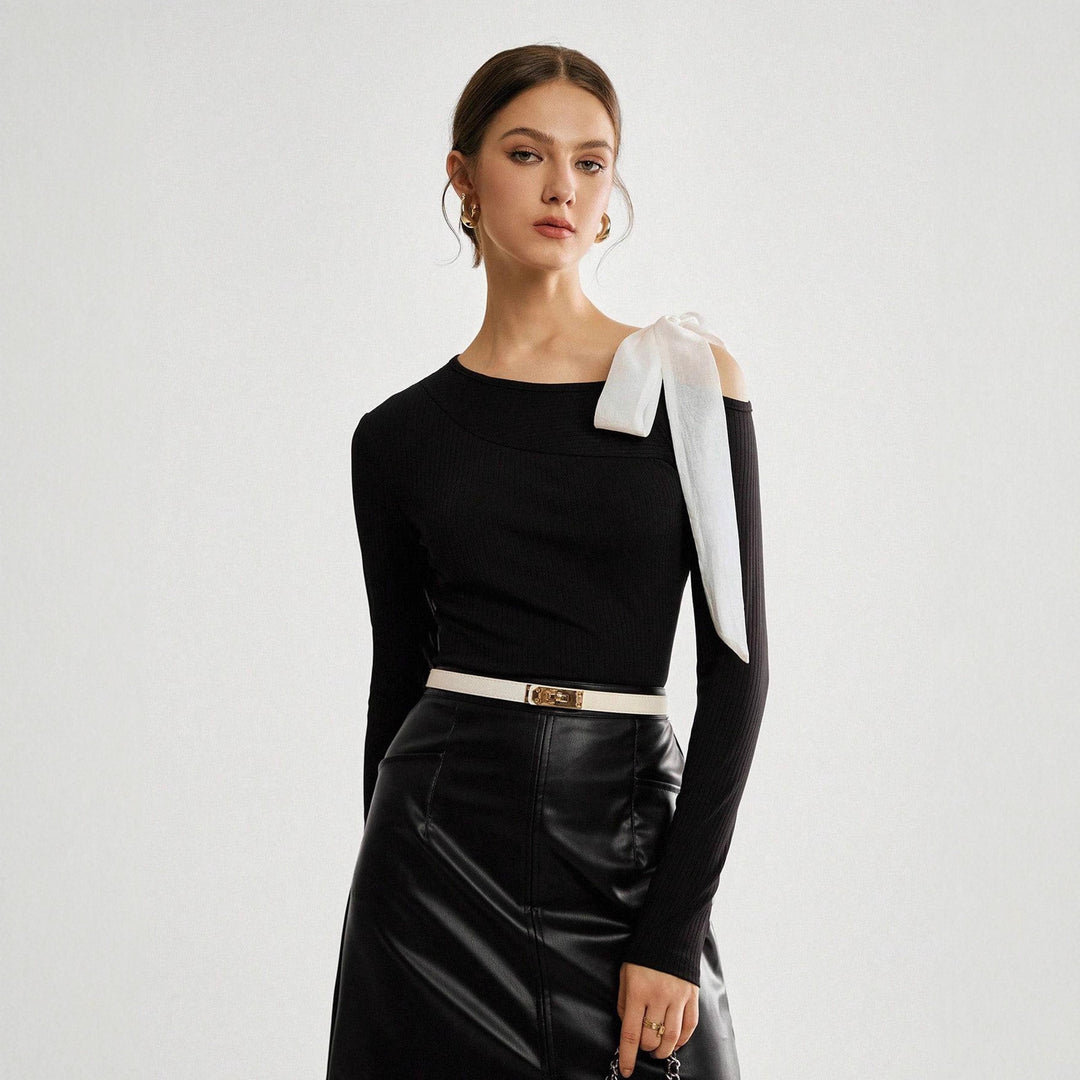 Damen Asymmetrisches One-Shoulder Rippstrick-Top mit Schleifenband Shop Nory