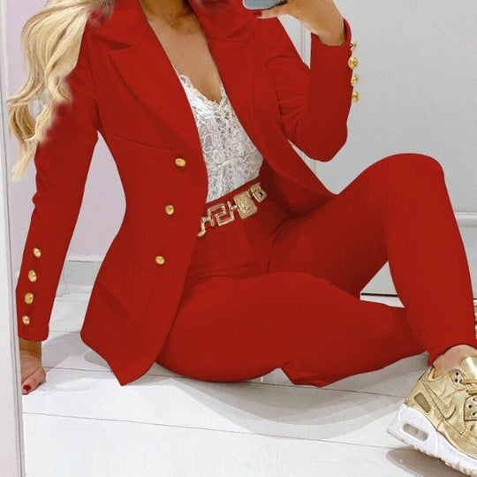 Damen Taillierter Zweiteiler Blazer mit Goldknöpfen und Slim-Fit Hose Shop Nory