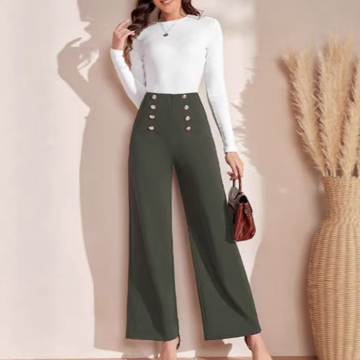 Damen nan hohe Taillenhose mit weitem Bein, maritim inspirierten Zierknöpfen Shop Nory