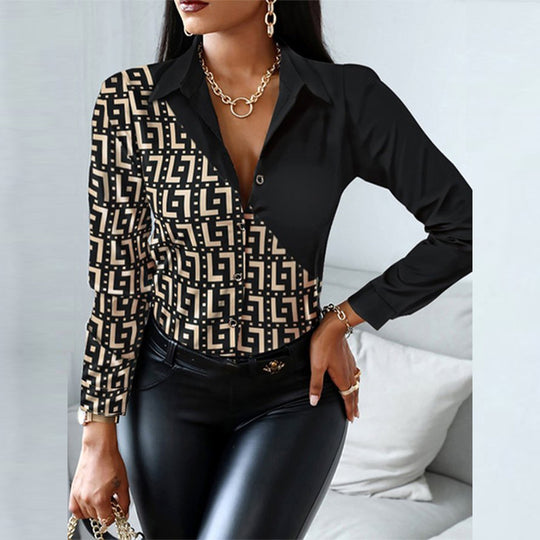 Damen taillierte Hemdbluse mit geometrischem Print und asymmetrischer Kontrastblende Shop Nory
