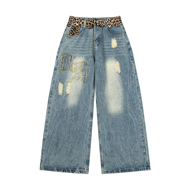Damen weite Palazzo-Jeans mit destroyed-Details, Leopard-Bund und Gothic-Stickerei Shop Nory