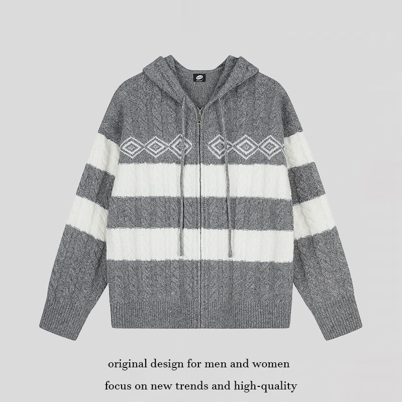 Damen Grobstrick-Kapuzencardigan mit Zopfstrick, Blockstreifen und durchgehendem Reißverschluss Shop Nory