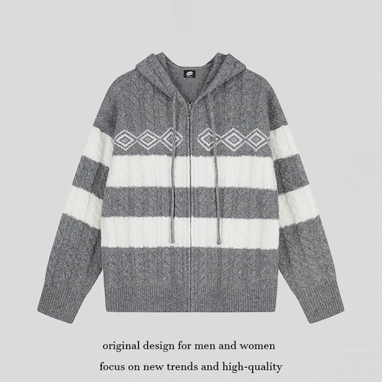 Damen Grobstrick-Kapuzencardigan mit Zopfstrick, Blockstreifen und durchgehendem Reißverschluss Shop Nory