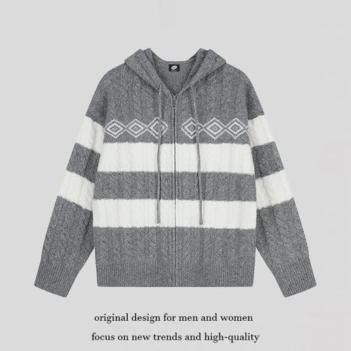 Damen Grobstrick-Kapuzencardigan mit Zopfstrick, Blockstreifen und durchgehendem Reißverschluss Shop Nory