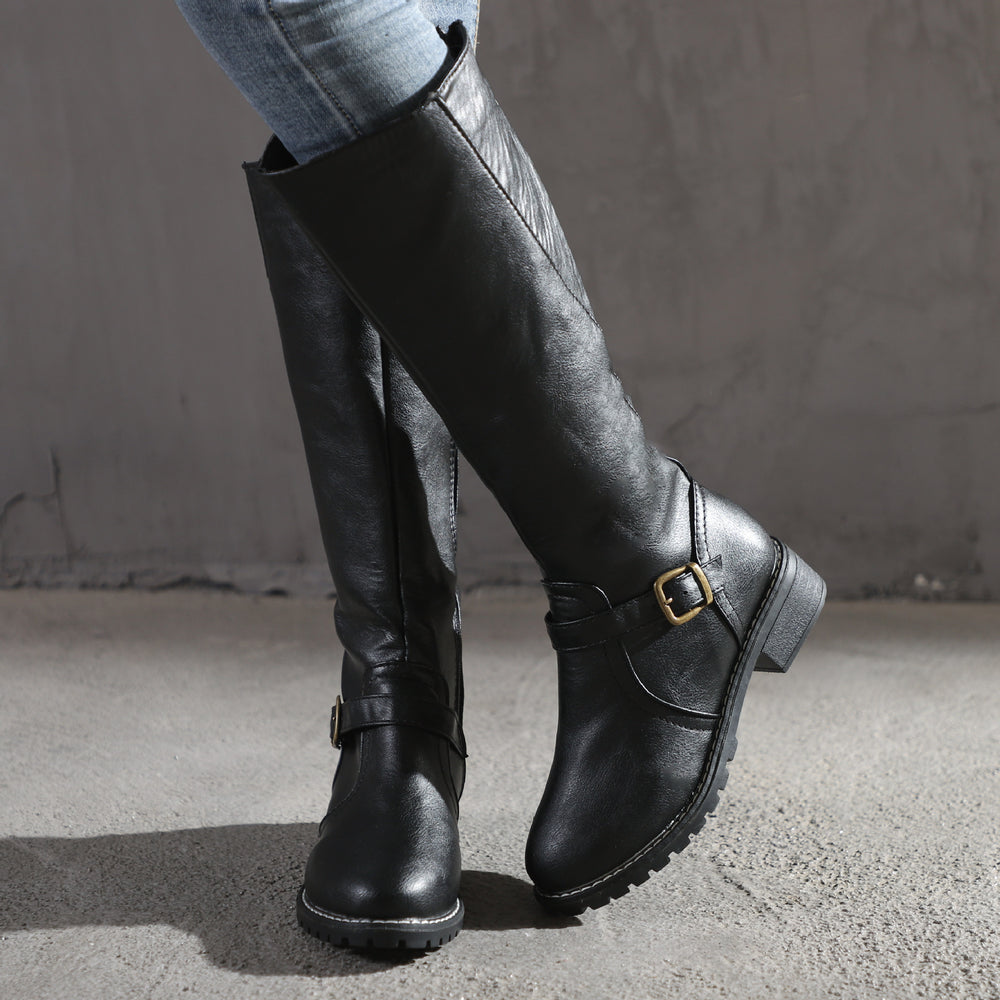 Damen Kniehohe Vintage-Bikerstiefel mit Blockabsatz und Zierspange Shop Nory