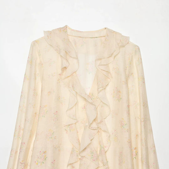 Damen Chiffon-Bluse mit Volantfront, Bindebündchen und gerafften Manschetten Shop Nory
