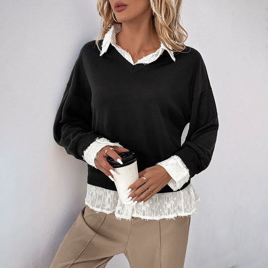Damen Layered-Feinstrickpullover mit V-Ausschnitt und integriertem Spitzenbluseneinsatz Shop Nory