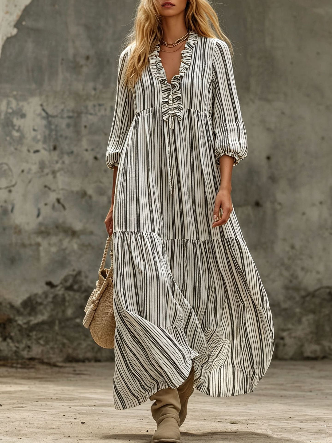Damen Maxikleid mit Rüschen-V-Ausschnitt und Ballonärmeln Shop Nory
