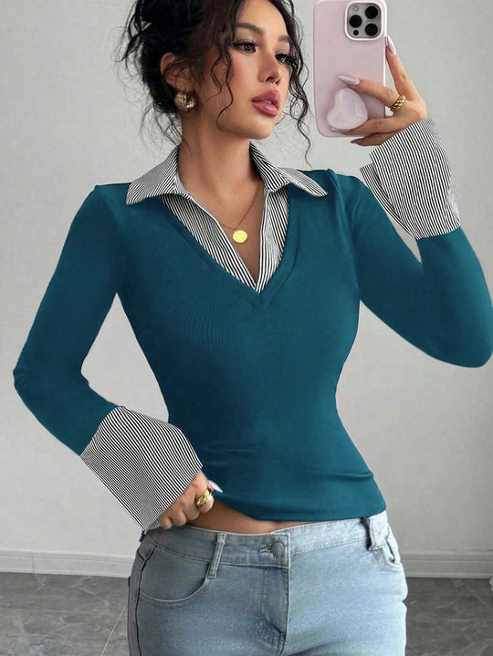 Damen Figurbetontes Feinstrick-Top mit Hemdkragen und Kontrastmanschetten Shop Nory