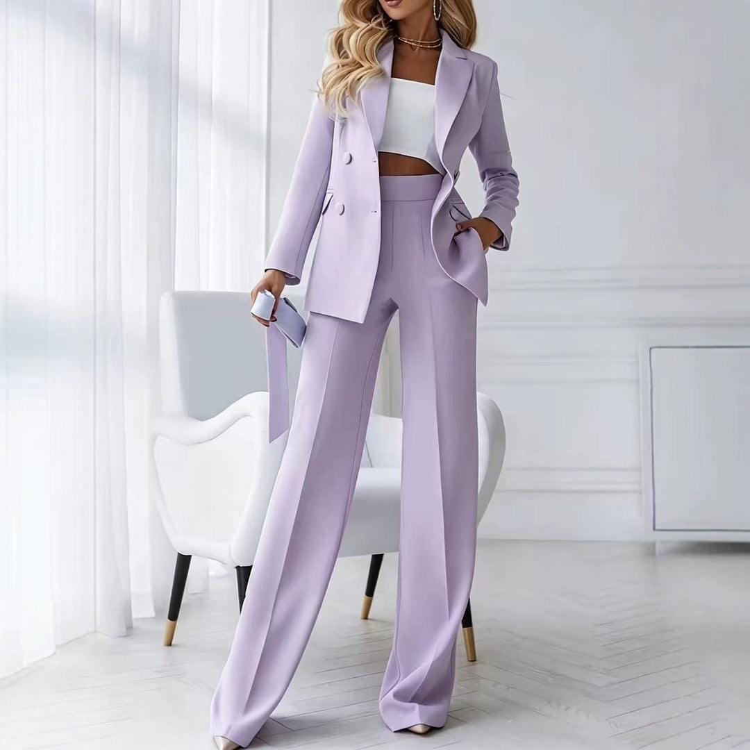 Damen Zweiteiliger Business-Hosenanzug mit tailliertem Zweireiherblazer und High-Waist Palazzo-Hose Shop Nory