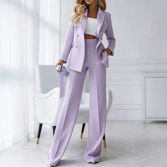 Damen Zweiteiliger Business-Hosenanzug mit tailliertem Zweireiherblazer und High-Waist Palazzo-Hose Shop Nory