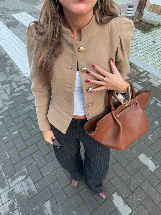 Damen Taillierter Wildlederoptik-Blazer mit Stehkragen und goldenen Zierknöpfen Shop Nory