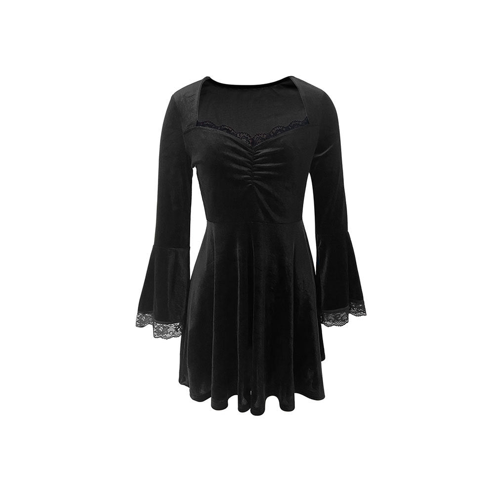 Damen Samt-Kleid mit gerafftem Bustier, quadratischem Ausschnitt und Spitzen-Glockenärmeln Shop Nory