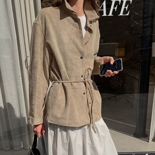Damen Oversize Velourslederoptik-Utility-Jacke mit Tunnelzugtaillierung Shop Nory