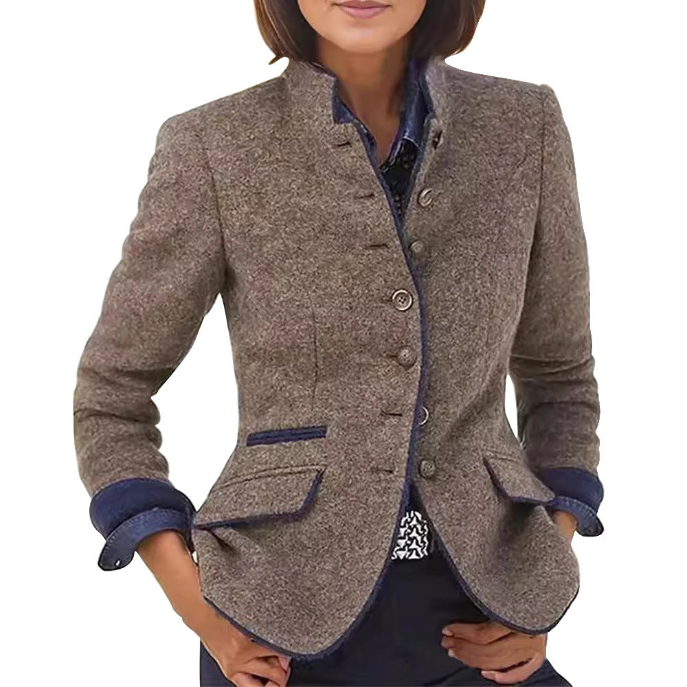 Damen eleganter Blazer mit knöpfbarem Stehkragen und kontrastierenden Taschen