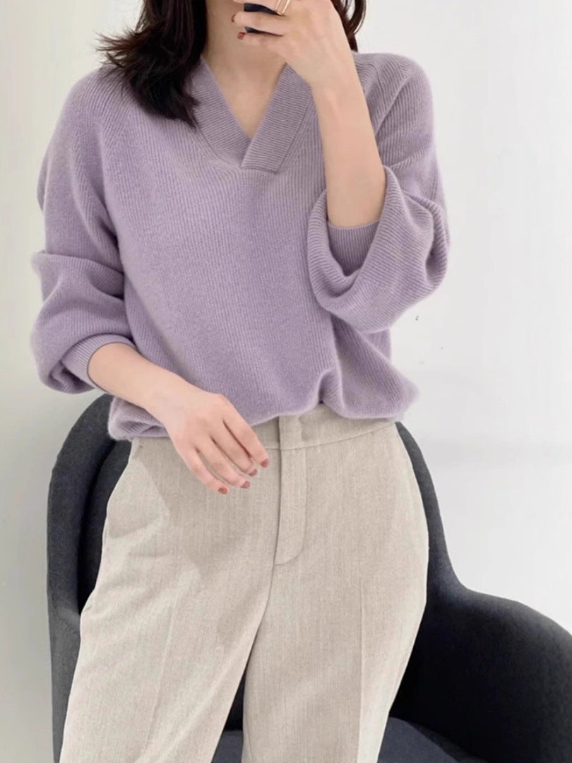 Damen Lockerer V‑Ausschnitt-Pullover aus feinem Rippenstrick mit überschnittener Schulter Shop Nory