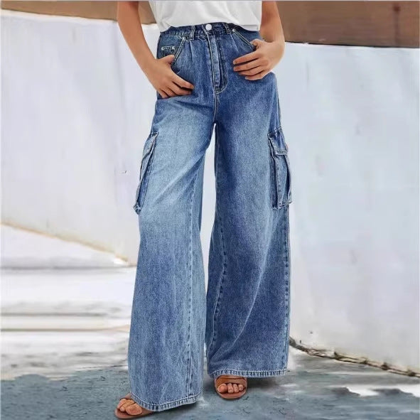 Damen hochtaillierte weite Cargo-Denimhose im Palazzo‑Stil mit aufgesetzten Seitentaschen Shop Nory