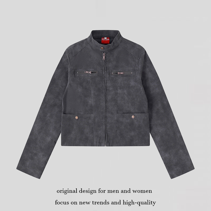 Damen Kurz geschnittene Bikerjacke aus Velours‑Optik mit Stehkragen und Brust‑Zipper Shop Nory