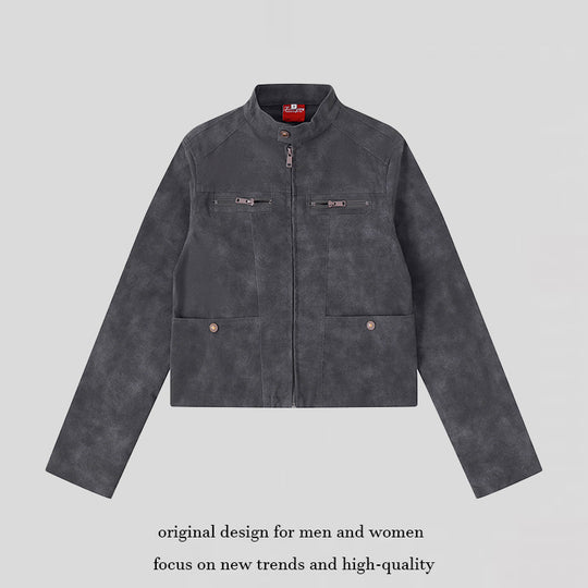 Damen Kurz geschnittene Bikerjacke aus Velours‑Optik mit Stehkragen und Brust‑Zipper Shop Nory