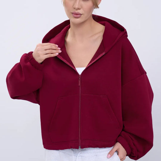 Damen legeres Cropped-Fleece-Hoodie mit Tunnelzugbund, Raglanärmeln und Reißverschluss Shop Nory
