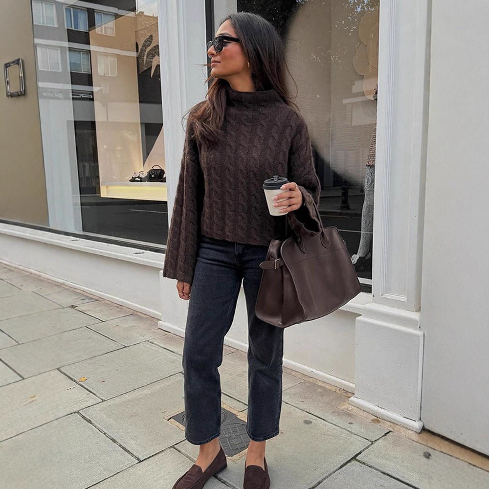 Damen Kurzgeschnittener Zopfstrick-Pullover mit Rollkragen & Ballonärmeln Shop Nory