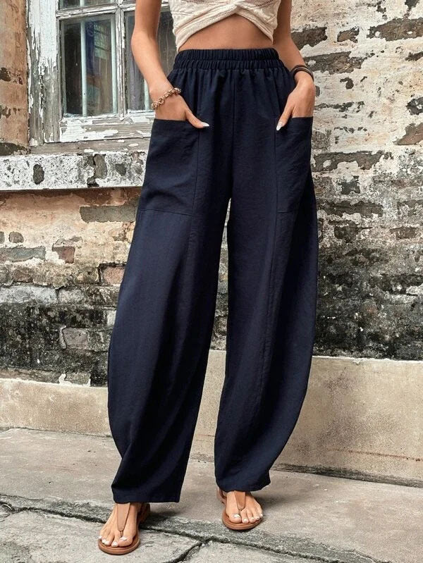 Damen Weite Leinenhose mit elastischem Bund, aufgesetzten Taschen und lässigem Harem-Schnitt Shop Nory
